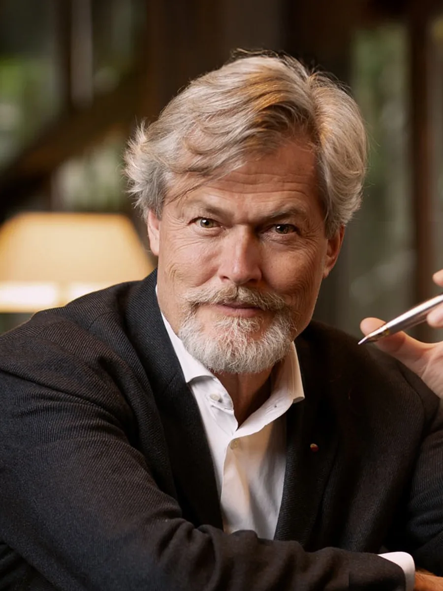 Portrait en noir et blanc de Gunter Pauli, cheveux gris et barbe blanche, en plein air.
